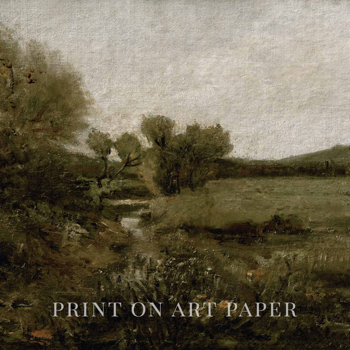 Close-up of olive green vintage landscape artwork printed on fine art matte paper