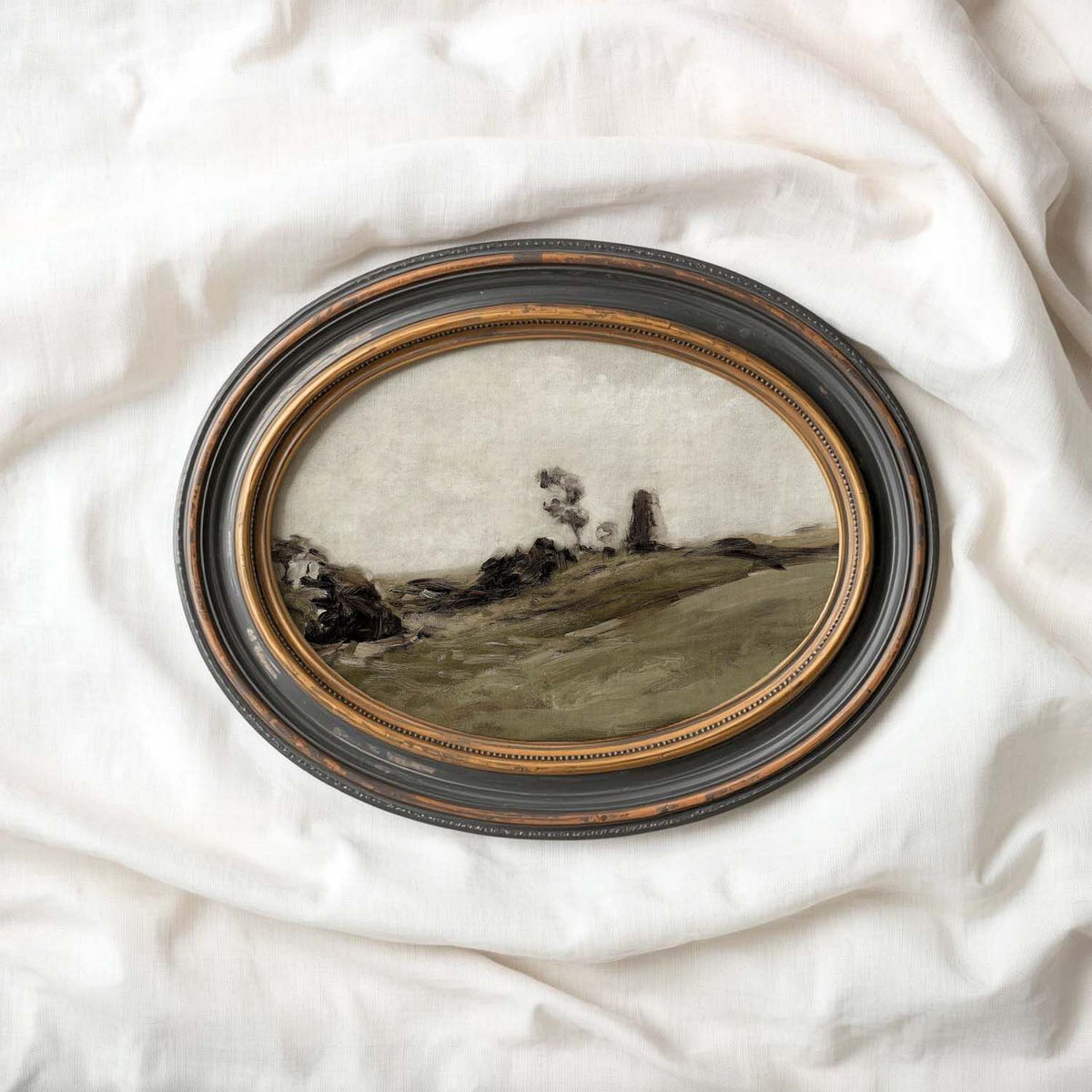 Vintage-style green landscape print in muted olive and neutral tones for living room decor