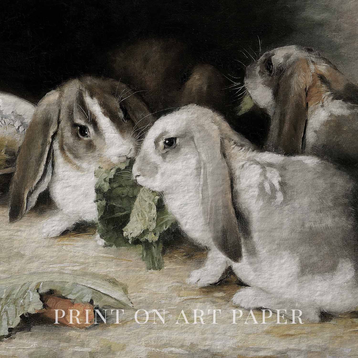 Farmhouse Kitchen Rabbit Wall Art Printable (Vintage Holland Lop Vegetable Still Life Decor)