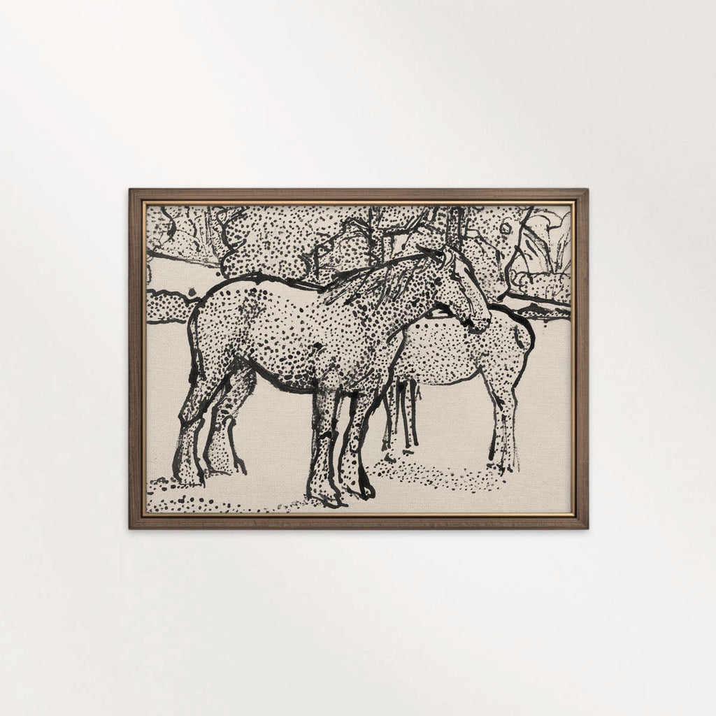 Spotted Horses in Paddock Ink Drawing Wall Art Printable – Vintage Equestrian Sketch Print