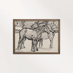 Spotted Horses in Paddock Ink Drawing Wall Art Printable – Vintage Equestrian Sketch Print