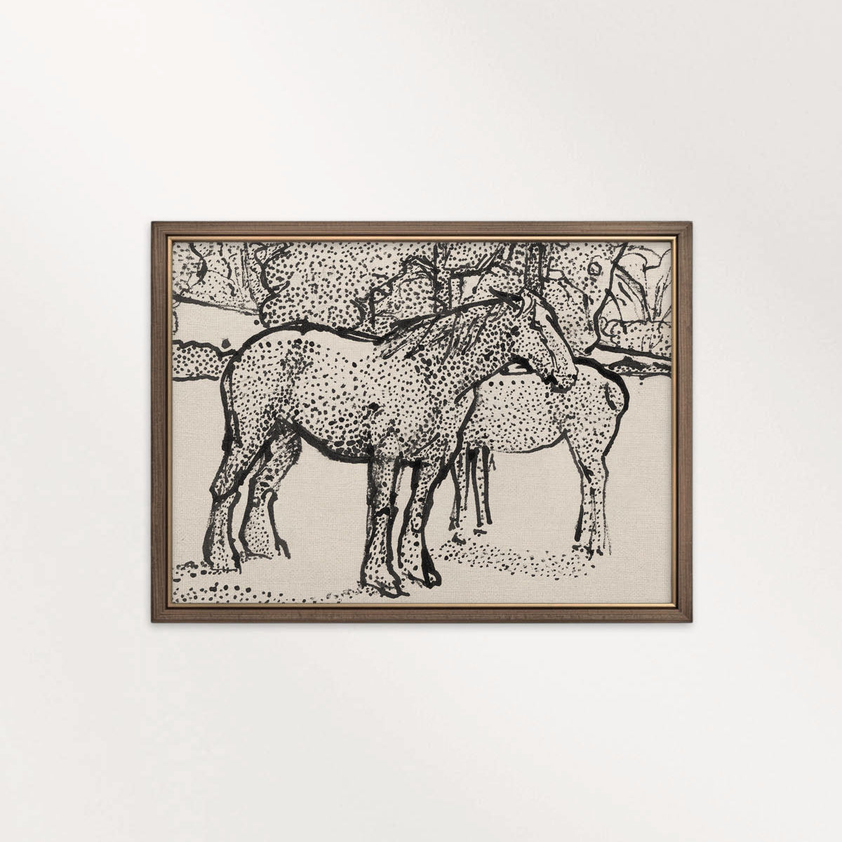 Spotted Horses in Paddock Ink Drawing Wall Art Printable – Vintage Equestrian Sketch Print
