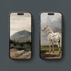 Vintage horse iPhone wallpapers featuring a spotted horse and atmospheric landscape art