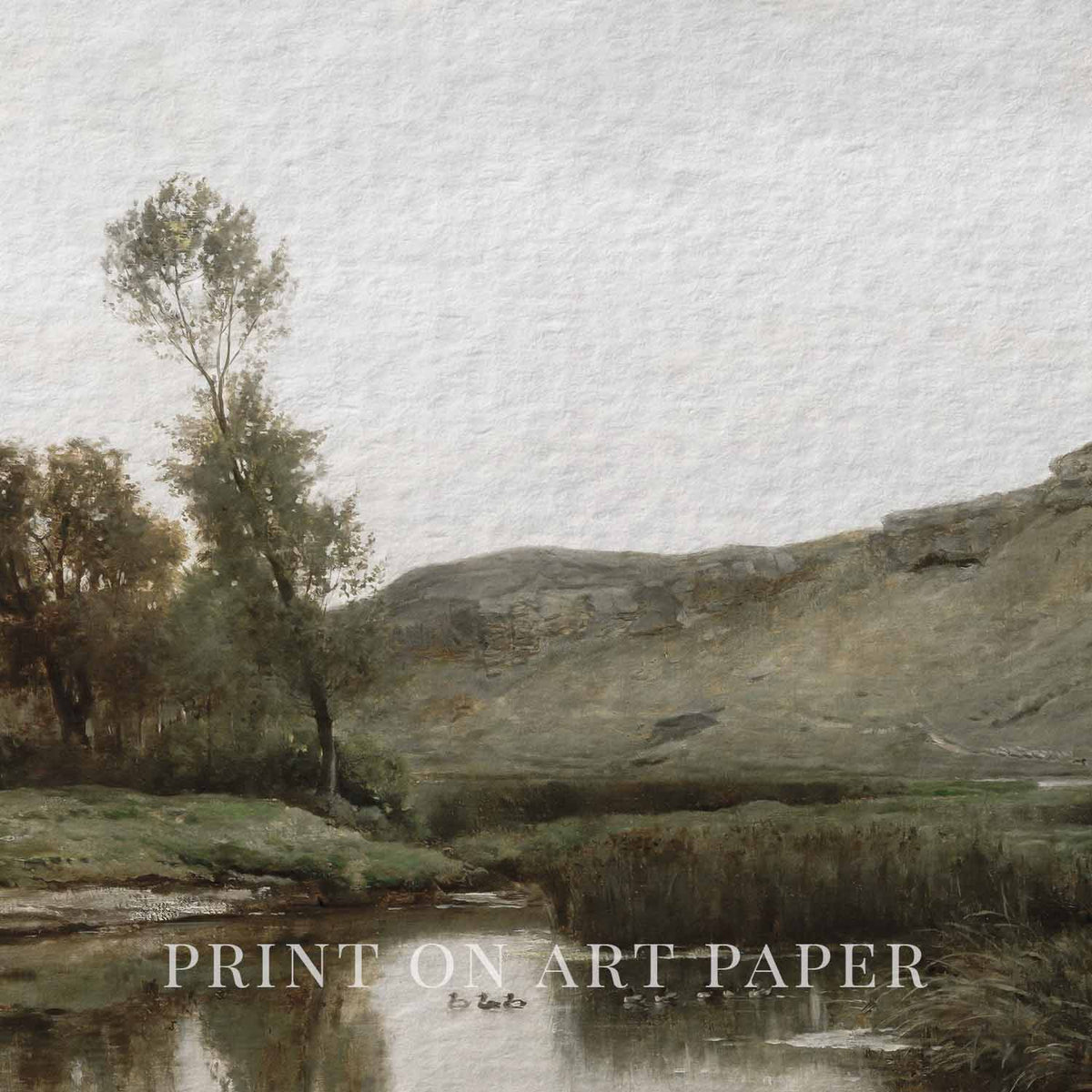 Close-up of vintage countryside landscape artwork printed on fine art matte paper