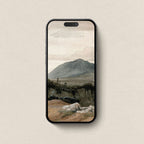 Vintage mountain landscape iPhone wallpaper in muted grey, cream and earthy brown tones