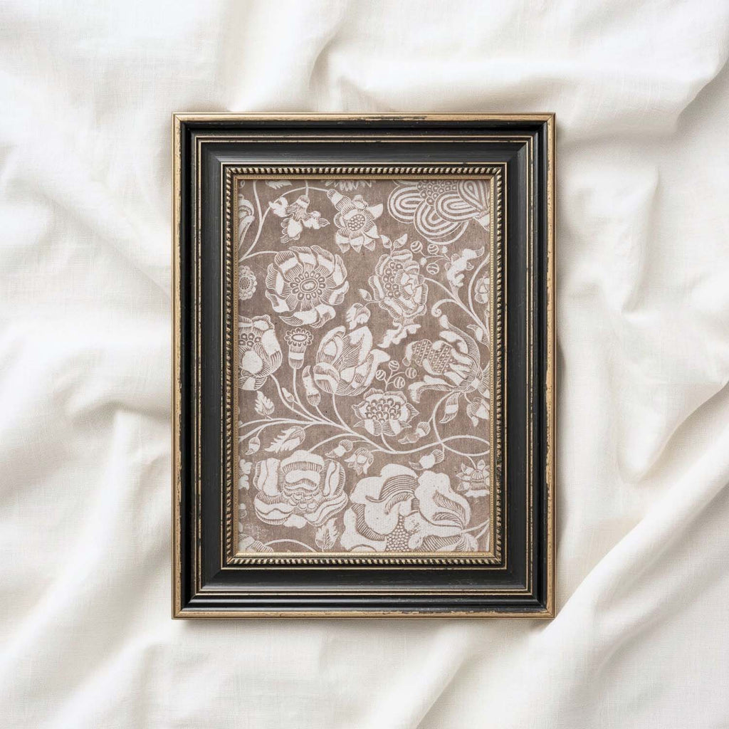 Vintage Botanical Textile Wall Art Printable – Neutral Beige Floral Print (Digital Download)