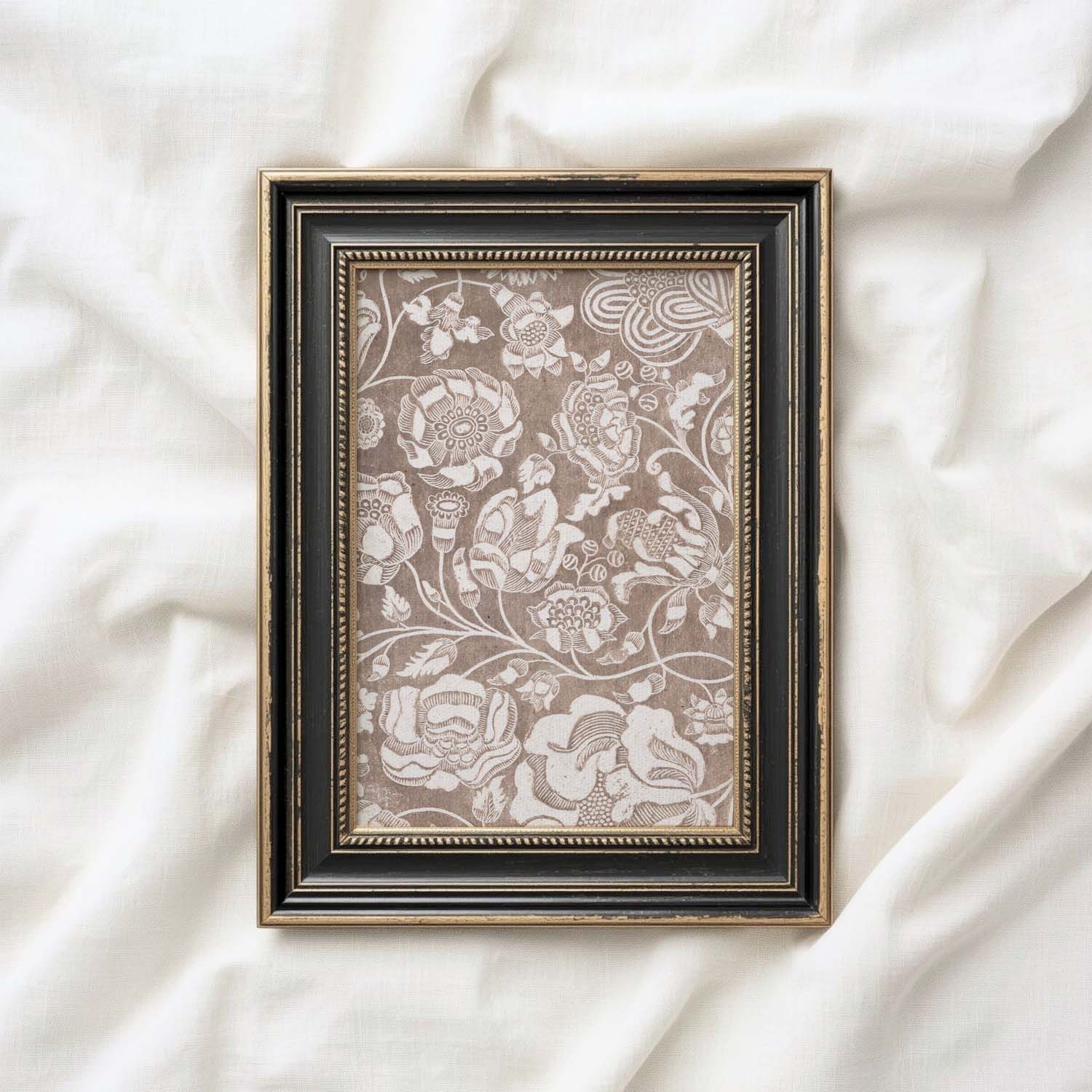 Vintage Botanical Textile Wall Art Printable – Neutral Beige Floral Print (Digital Download)