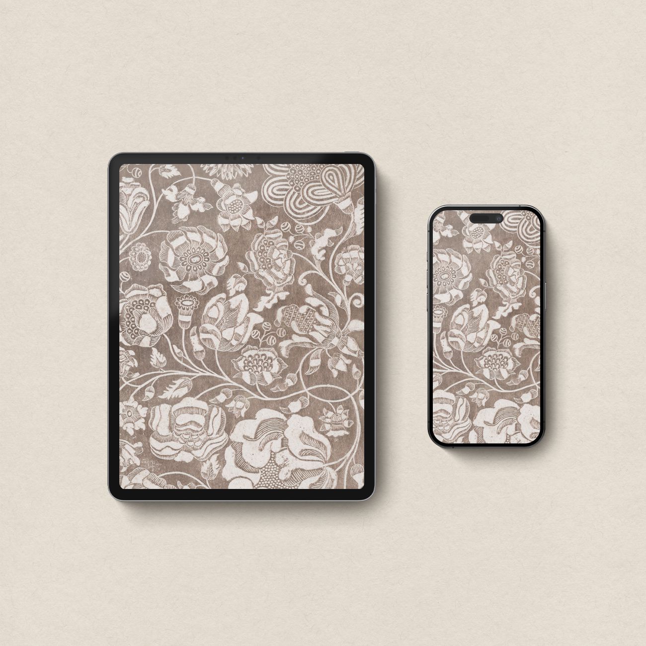 Vintage Botanical Textile Wallpaper Bundle – Soft Beige Floral Aesthetic (Digital Download)