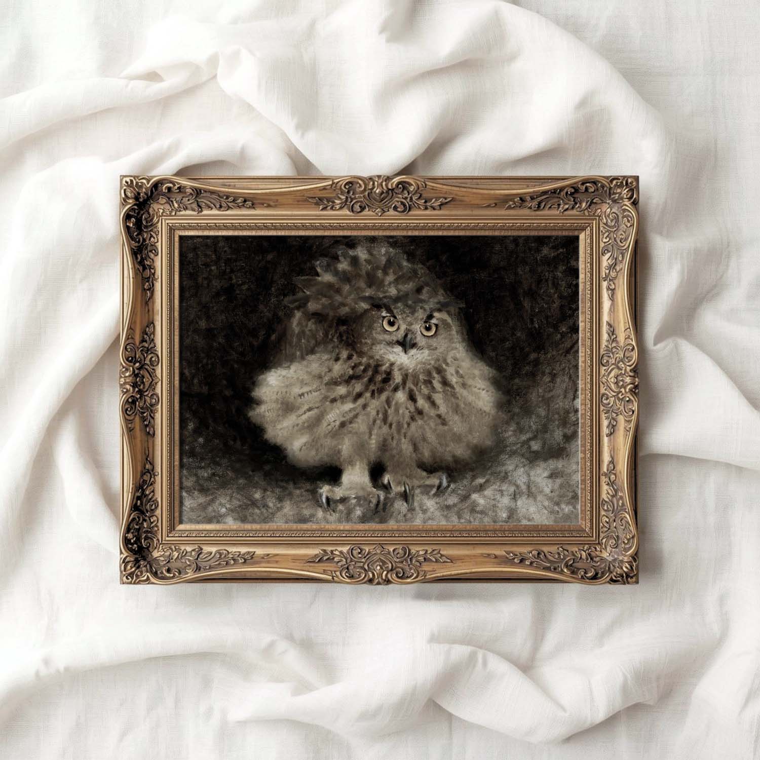 Vintage Owl Wall Art Printable – Dark Academia Bird Illustration Print