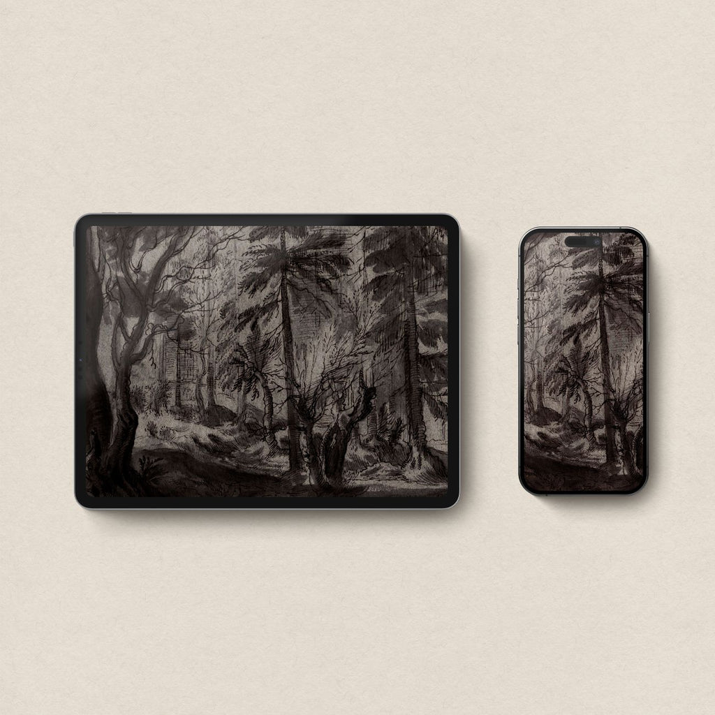 Vintage Pine Forest Sketch iPhone & iPad Wallpaper Set (Dark Academia)
