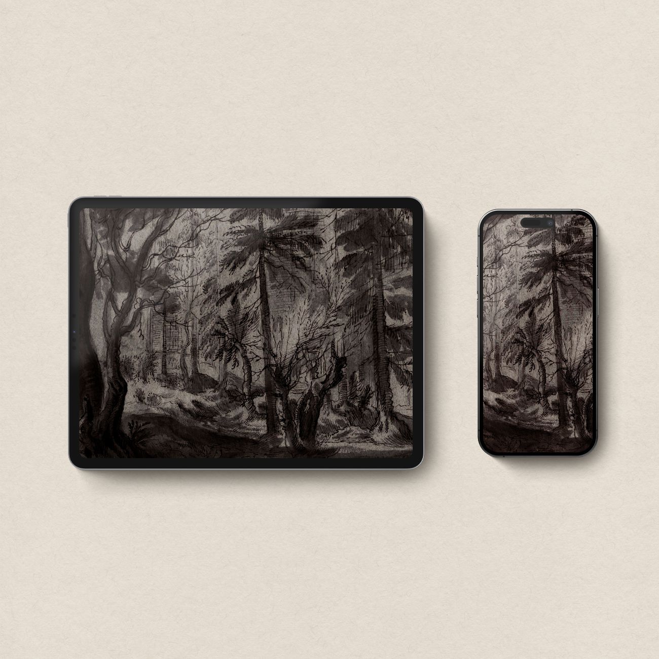 Vintage Pine Forest Sketch iPhone & iPad Wallpaper Set (Dark Academia)