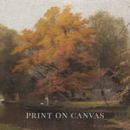 Vintage printable fall wall art featuring a riverside forest cabin with moody autumn colors.