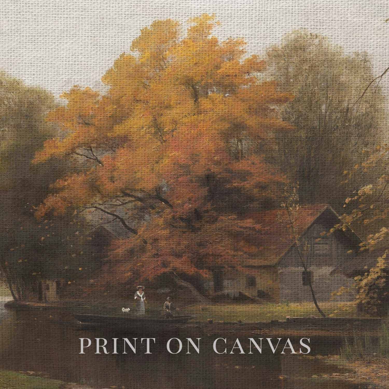 Vintage printable fall wall art featuring a riverside forest cabin with moody autumn colors.