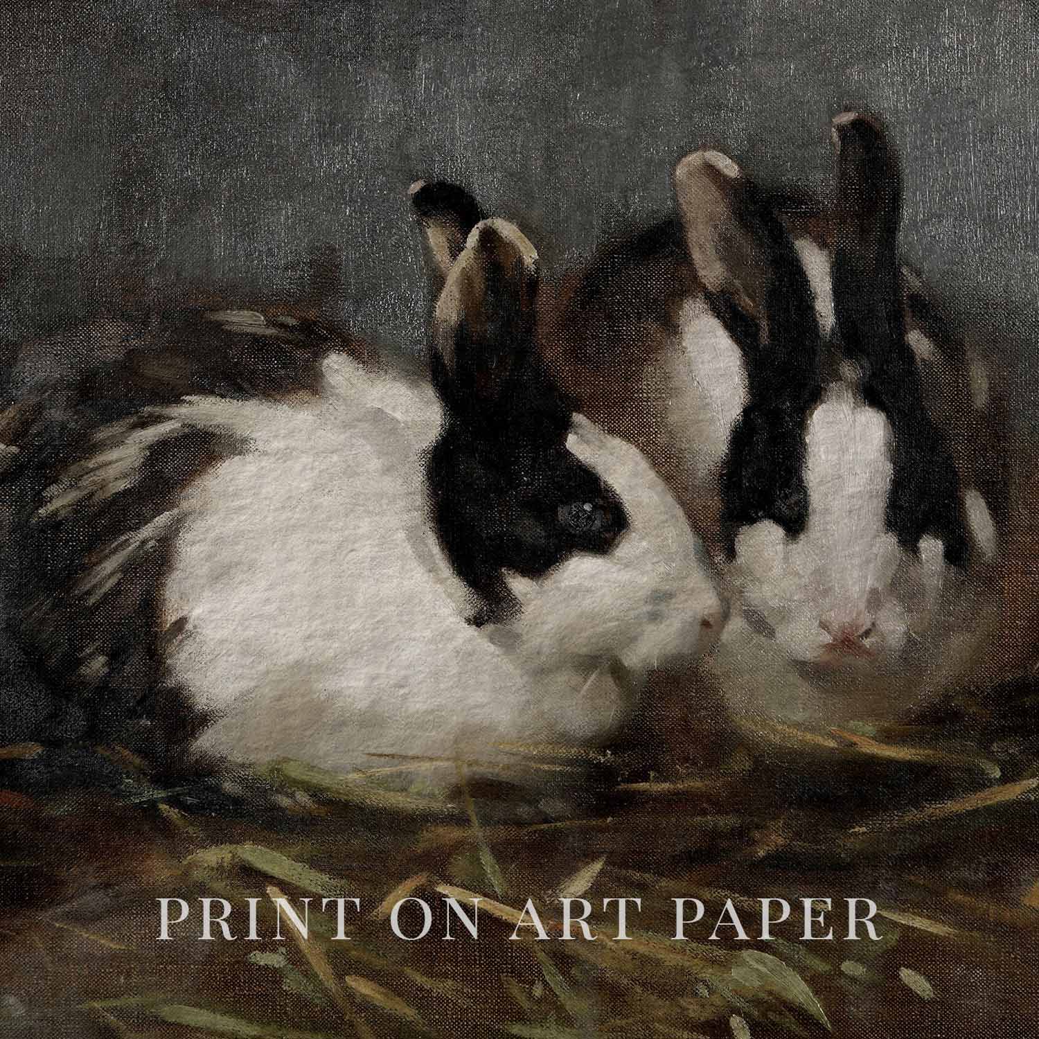 Victorian Rabbit Oil Painting Wall Art Printable (Moody Farmhouse Animal Portrait, Vintage Blue Tonal Decor)