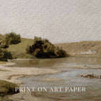 Close-up of vintage river landscape artwork printed on fine art matte paper