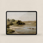 Vintage river landscape iPad wallpaper featuring peaceful water, trees and softly painted hills
