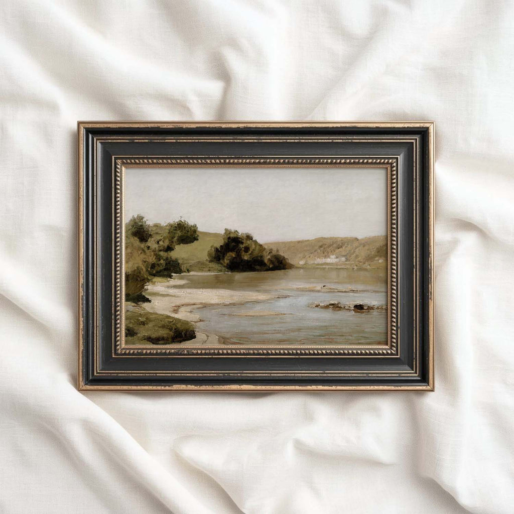 Vintage river landscape wall art featuring a quiet country scene in olive green and muted gold