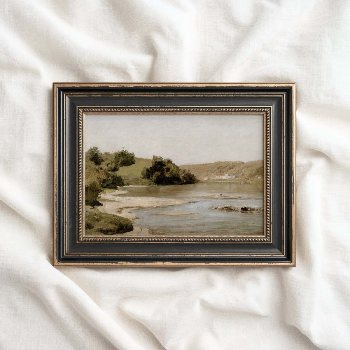 Vintage river landscape wall art featuring a quiet country scene in olive green and muted gold