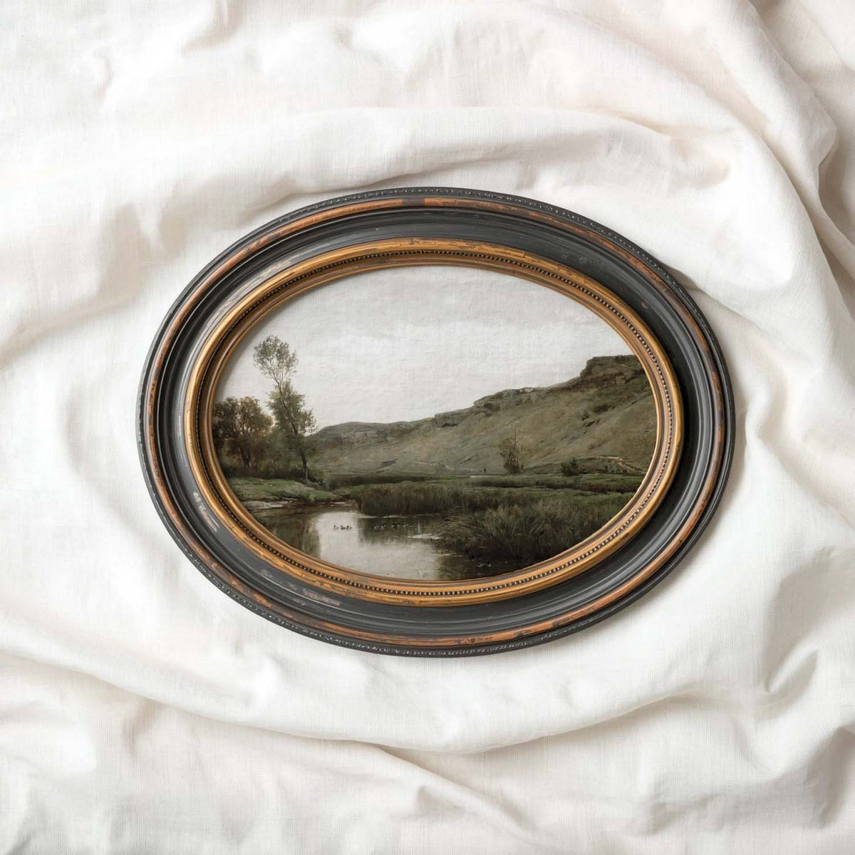 Vintage riverside landscape print featuring a quiet countryside scene in muted natural tones
