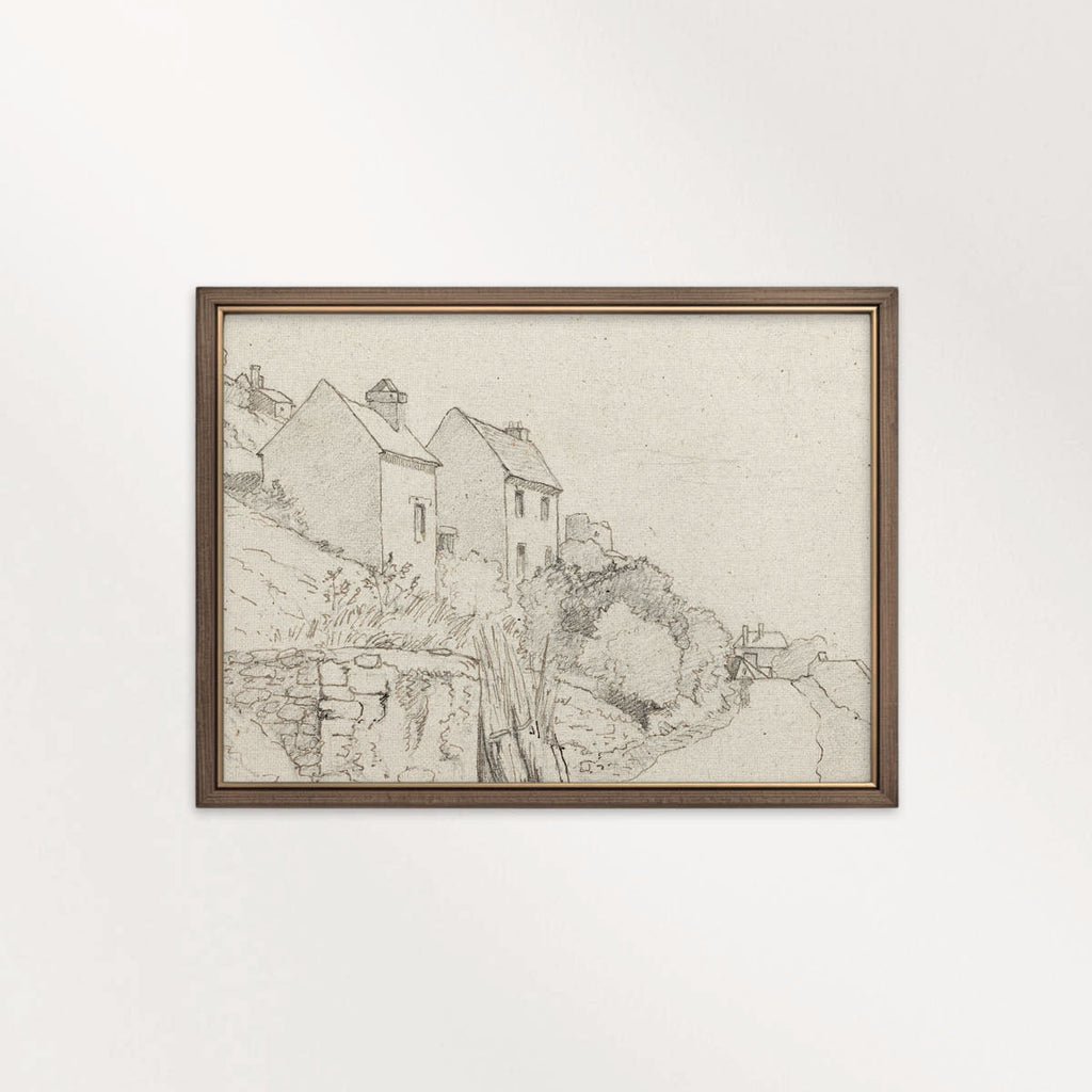 Vintage Rustic Cottage Pencil Sketch Wall Art Printable – Neutral Farmhouse Illustration Print