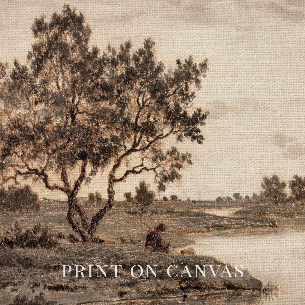 Sepia Country Landscape Tree Sketch Wall Art Printable – Vintage Rustic Nature Drawing Print