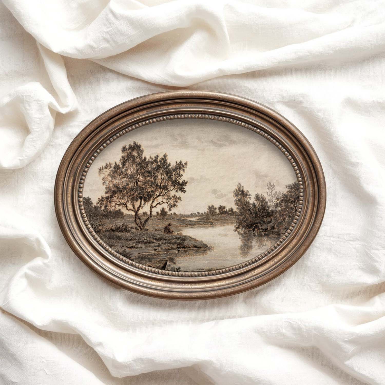 Sepia Country Landscape Tree Sketch Wall Art Printable – Vintage Rustic Nature Drawing Print