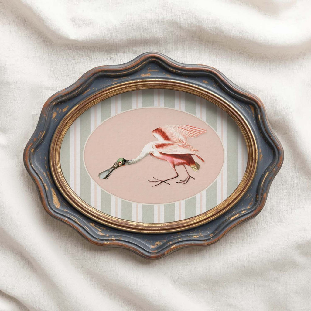 Spoonbill Nursery Wall Art Printable (Digital Download) — Sage Green Blush Striped Storybook Bird Decor