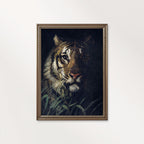 Vintage tiger jungle wall art printable oil painting featuring a moody rainforest scene in deep green tones.