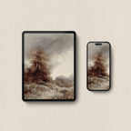 Vintage tree matching wallpapers displayed on iPhone and iPad in warm neutral tones