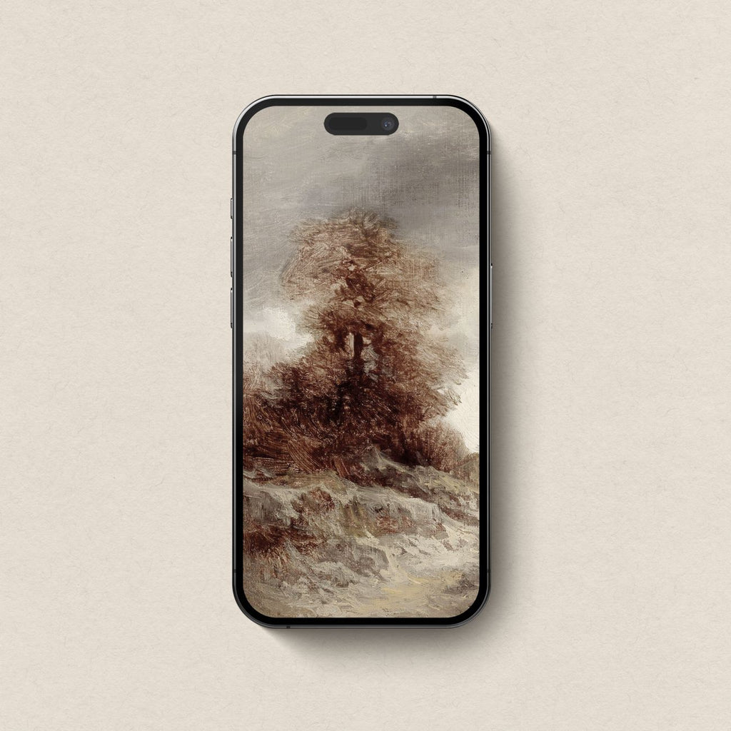 Vintage tree iPhone wallpaper featuring a warm neutral landscape in brown, taupe and cream