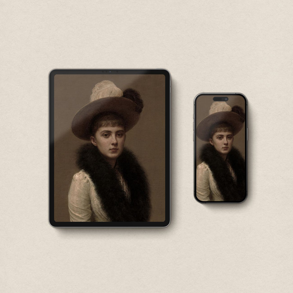 Vintage Victorian portrait wallpaper set for iPhone and iPad with dark academia mood and museum style portrait illustration.