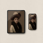 Vintage Victorian portrait wallpaper set for iPhone and iPad with dark academia mood and museum style portrait illustration.