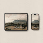 Matching vintage Western mountain wallpapers displayed across iPad and iPhone screens