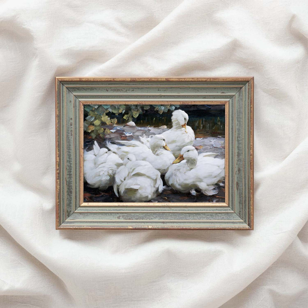 Five White Ducks Bird Print Digital Download (Antique Farmhouse Oil Painting Wall Art)