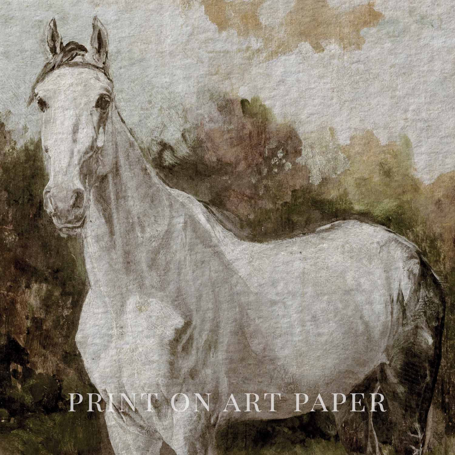 Boho White Horse Wall Art Print (Neutral Equestrian Farmhouse Style Decor) (Digital Download)