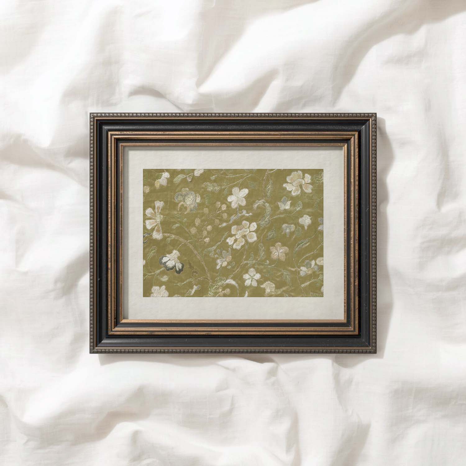 Vintage Yellow Floral Embroidered Wall Art Printable – Silk Textile Cottagecore Print (Digital Download)