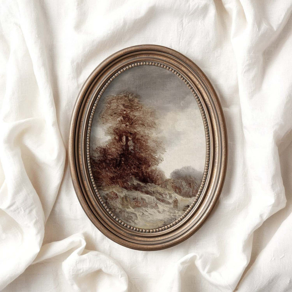 Warm neutral wall art featuring a vintage tree landscape in brown, cream and gray tones