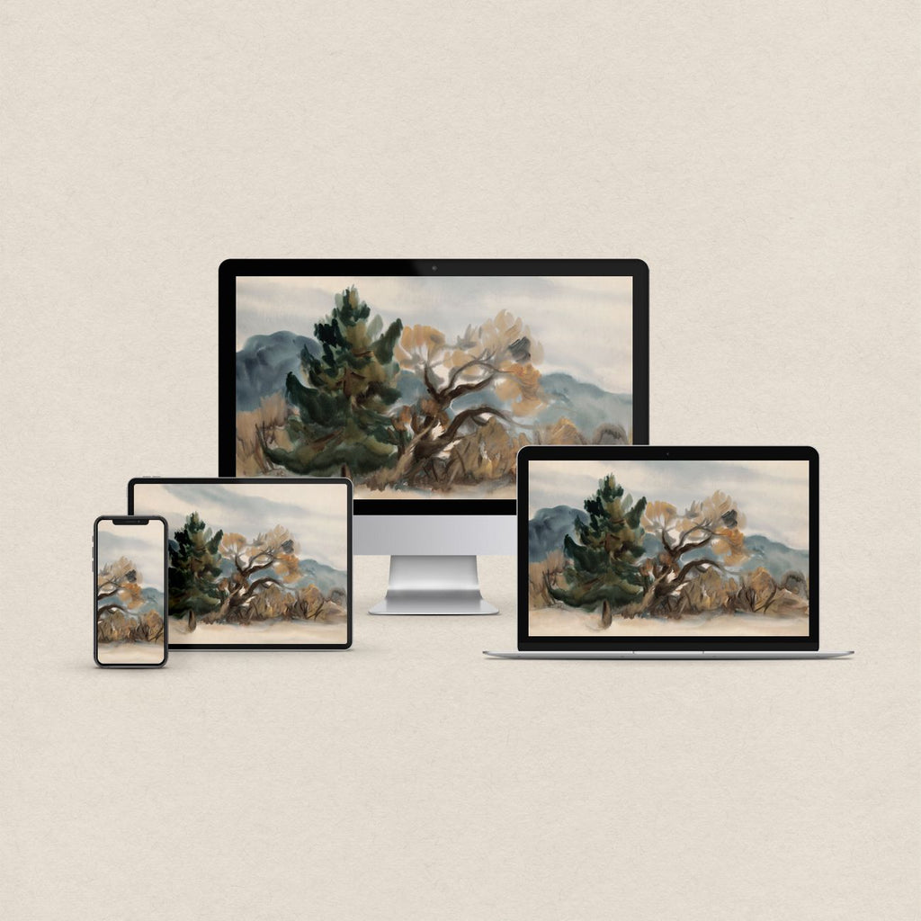 Watercolor desktop wallpaper featuring an autumn tree landscape in warm fall tones with matching phone, iPad and MacBook wallpapers