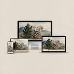 Watercolor desktop wallpaper featuring an autumn tree landscape in warm fall tones with matching phone, iPad and MacBook wallpapers