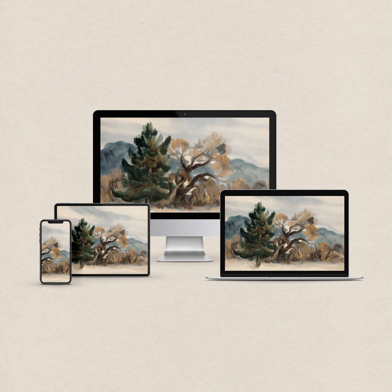 Watercolor desktop wallpaper featuring an autumn tree landscape in warm fall tones with matching phone, iPad and MacBook wallpapers