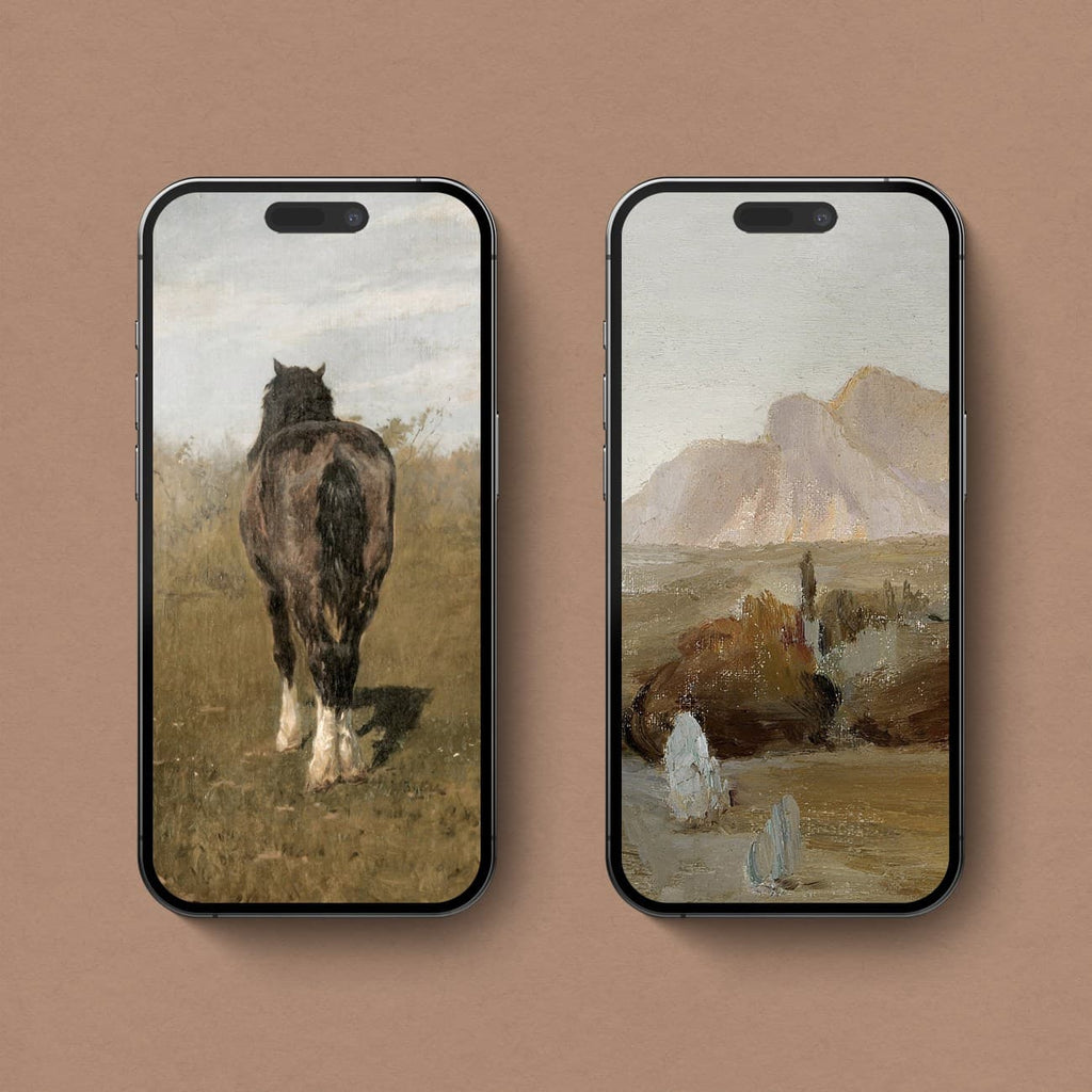 Western aesthetic iPhone wallpaper set featuring vintage horse and mountain landscape artwork