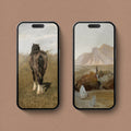 Western aesthetic iPhone wallpaper set featuring vintage horse and mountain landscape artwork