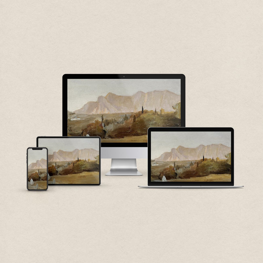 Western desktop wallpaper featuring a vintage mountain landscape painting in muted earthy tones with matching device wallpapers
