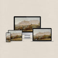 Western desktop wallpaper featuring a vintage mountain landscape painting in muted earthy tones with matching device wallpapers