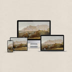 Western desktop wallpaper featuring a vintage mountain landscape painting in muted earthy tones with matching device wallpapers