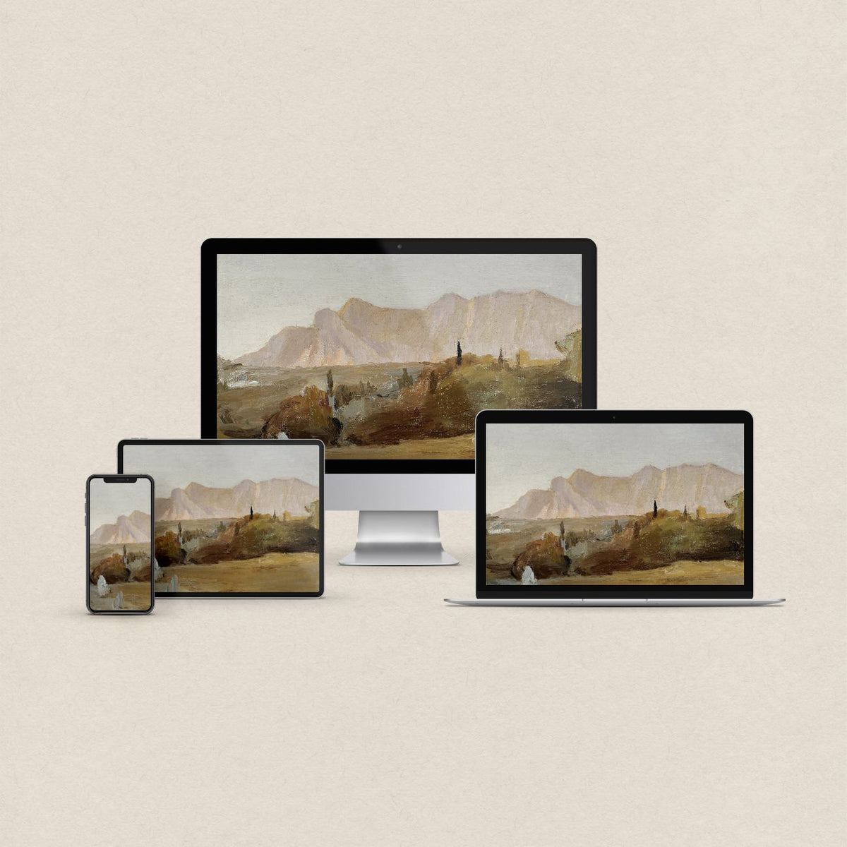 Western desktop wallpaper featuring a vintage mountain landscape painting in muted earthy tones with matching device wallpapers