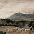 Close-up of vintage Western mountain landscape artwork printed on textured canvas.