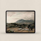 Western mountain landscape iPad wallpaper in muted blue-green, beige and earthy brown tones