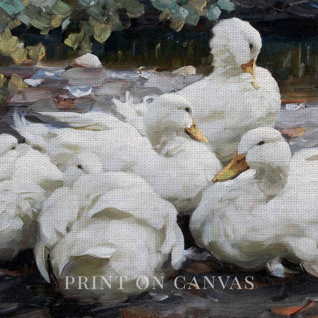 Five White Ducks Bird Print Digital Download (Antique Farmhouse Oil Painting Wall Art)