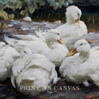 Five White Ducks Bird Print Digital Download (Antique Farmhouse Oil Painting Wall Art)